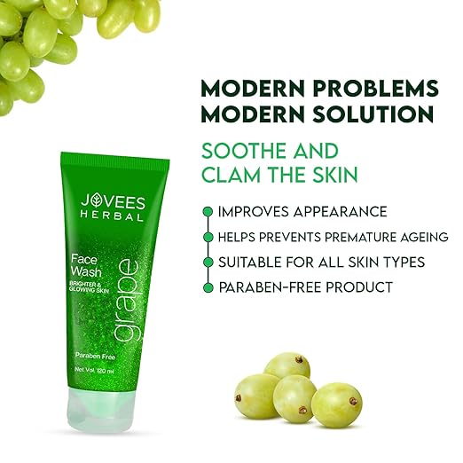 Jovees Herbal Grape Fairness Face Wash, 120 ml tube, promotes bright, even skin tone; paraben-free.