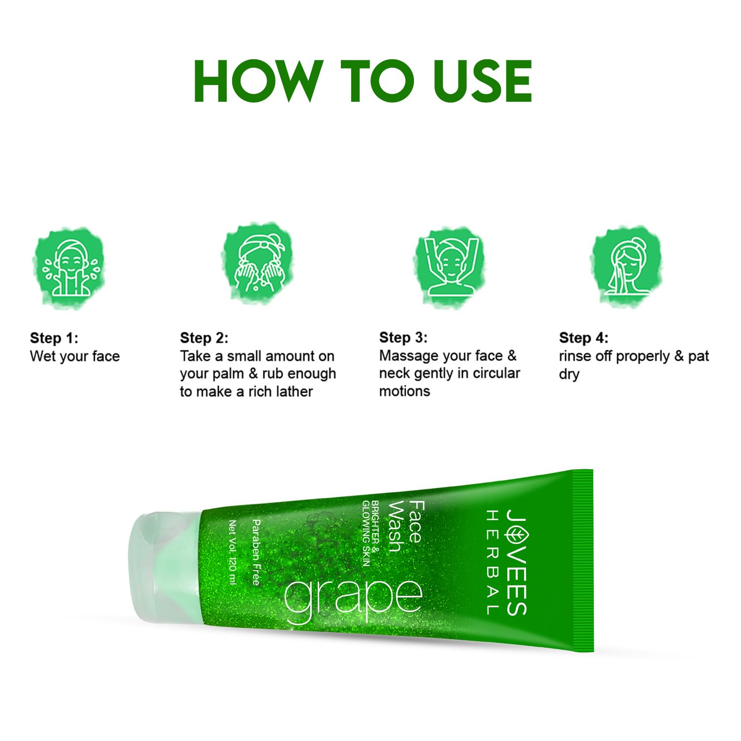 Jovees Herbal Grape Fairness Face Wash tube with usage instructions to brighten dull skin and reduce dark spots.