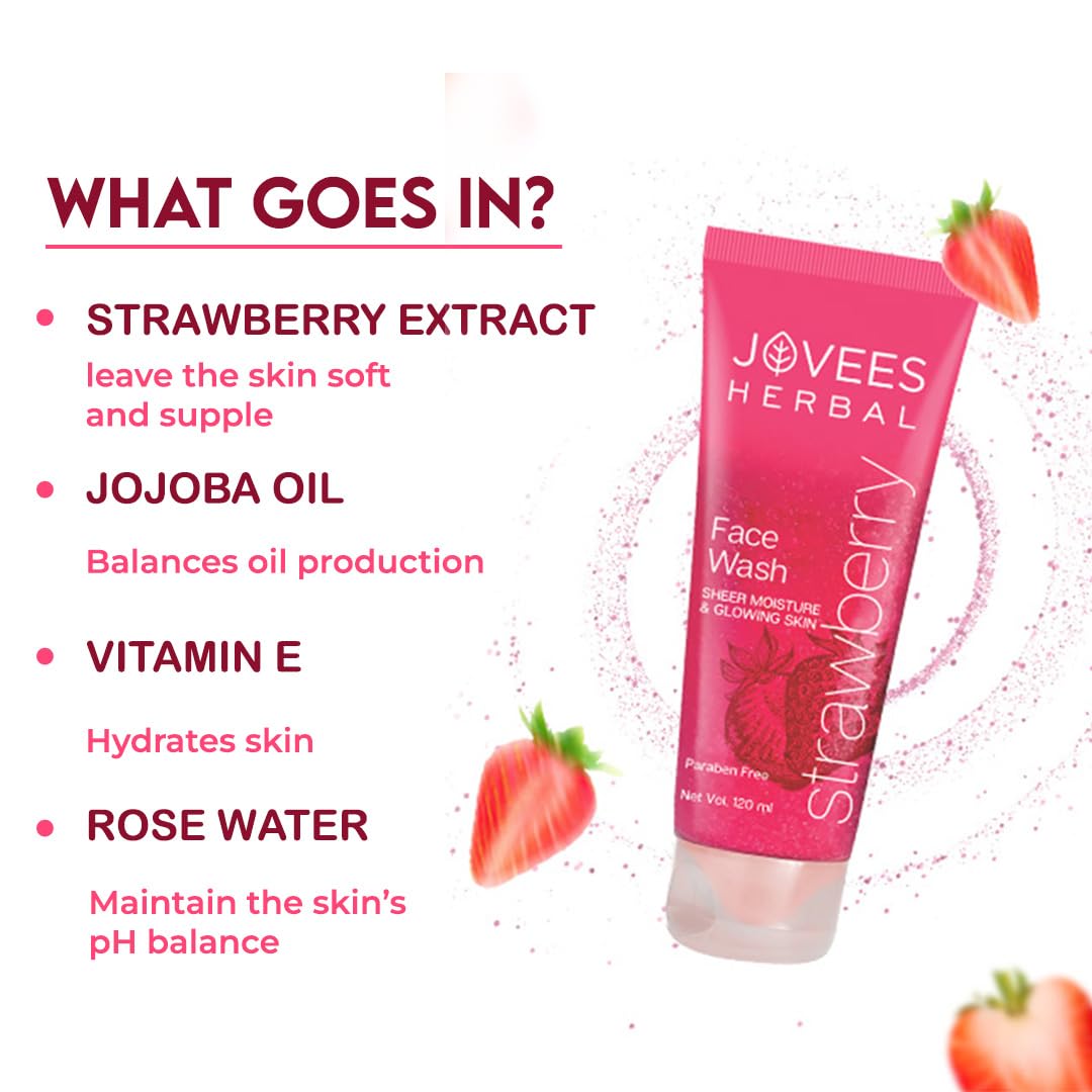 Jovees Strawberry Face Wash for acne and pimples with natural strawberry oil by Sutrakart, featuring ingredients like jojoba oil, vitamin E, and rose water.