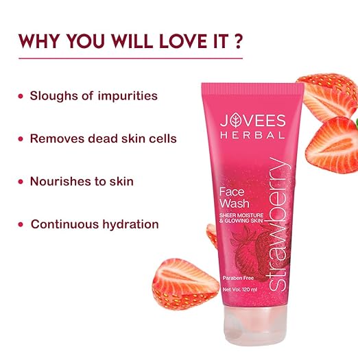 Jovees Strawberry Face Wash for acne and pimples in a pink tube with strawberry graphics, highlighting benefits like impurity removal and skin nourishment.